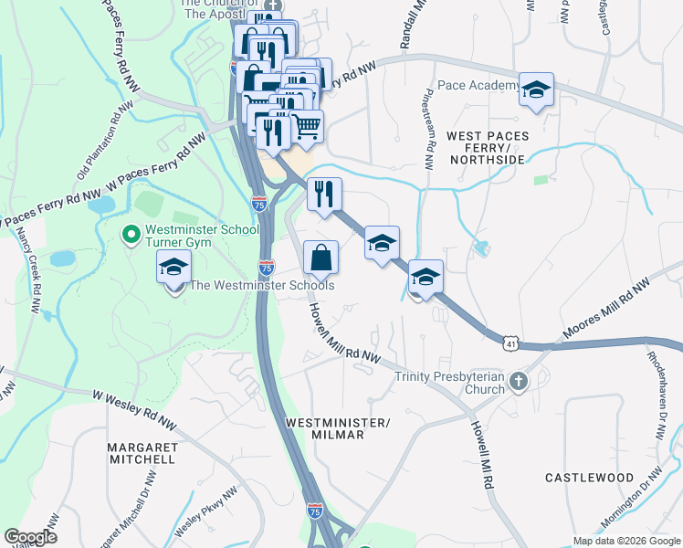 map of restaurants, bars, coffee shops, grocery stores, and more near 3280 Northside Parkway Northwest in Atlanta
