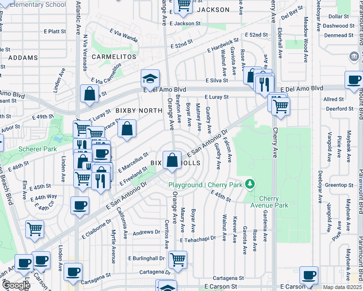 map of restaurants, bars, coffee shops, grocery stores, and more near 4667 North Banner Drive in Long Beach