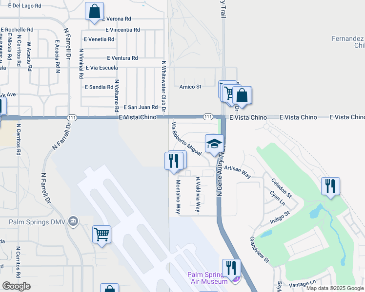 map of restaurants, bars, coffee shops, grocery stores, and more near 1521 Vía Roberto Miguel in Palm Springs