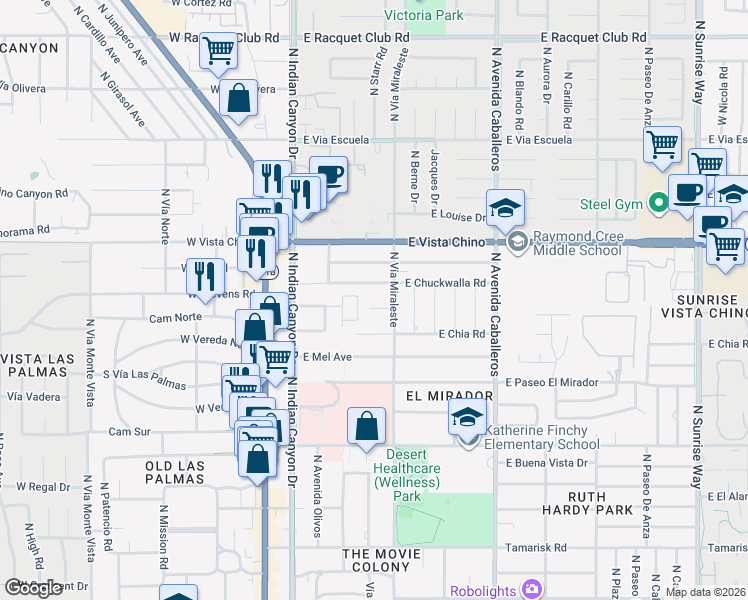 map of restaurants, bars, coffee shops, grocery stores, and more near 463 East Chuckwalla Road in Palm Springs
