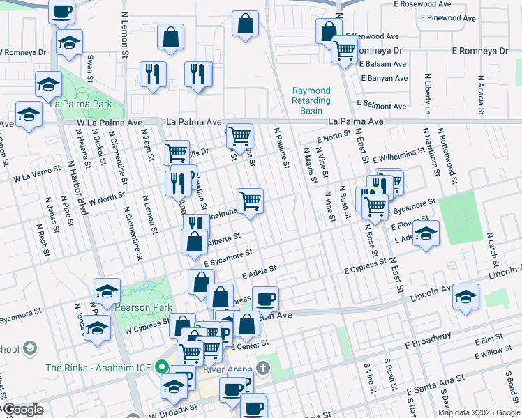 map of restaurants, bars, coffee shops, grocery stores, and more near 410 East Wilhelmina Street in Anaheim