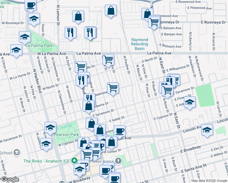 map of restaurants, bars, coffee shops, grocery stores, and more near 410 East Wilhelmina Street in Anaheim