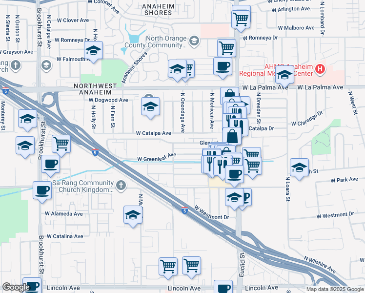 map of restaurants, bars, coffee shops, grocery stores, and more near 1820 Glenoaks Avenue in Anaheim