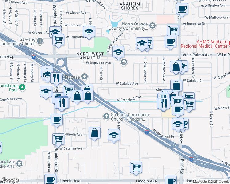 map of restaurants, bars, coffee shops, grocery stores, and more near 1974 Glenoaks Avenue in Anaheim