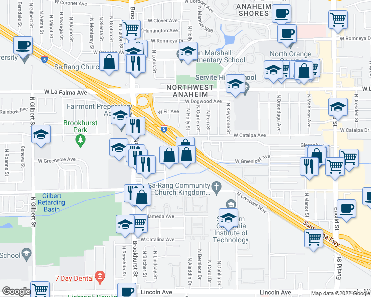 map of restaurants, bars, coffee shops, grocery stores, and more near in Anaheim