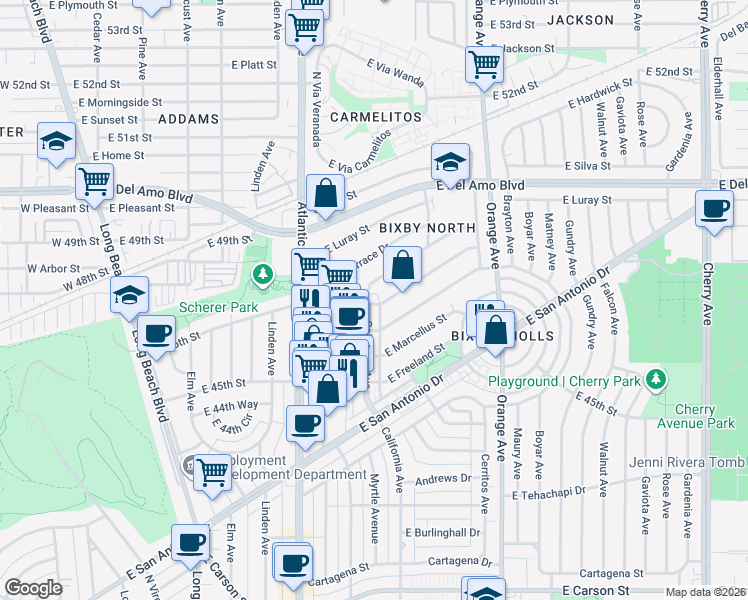 map of restaurants, bars, coffee shops, grocery stores, and more near 4606 California Avenue in Long Beach
