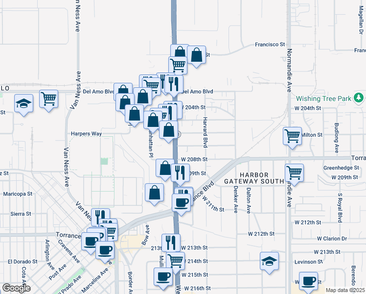 map of restaurants, bars, coffee shops, grocery stores, and more near 1639 West 207th Street in Torrance