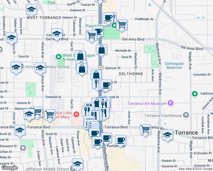 map of restaurants, bars, coffee shops, grocery stores, and more near 3750 Garnet Street in Torrance