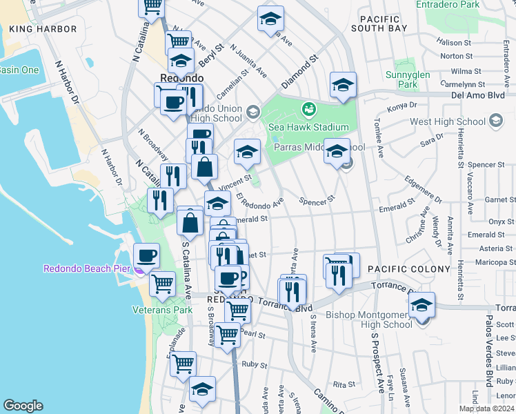 map of restaurants, bars, coffee shops, grocery stores, and more near 622 El Redondo in Redondo Beach