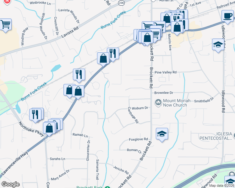 map of restaurants, bars, coffee shops, grocery stores, and more near 2077 Carthage Road in Tucker
