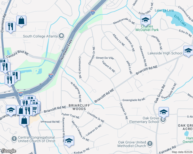 map of restaurants, bars, coffee shops, grocery stores, and more near 2072 Renault Lane Northeast in Atlanta