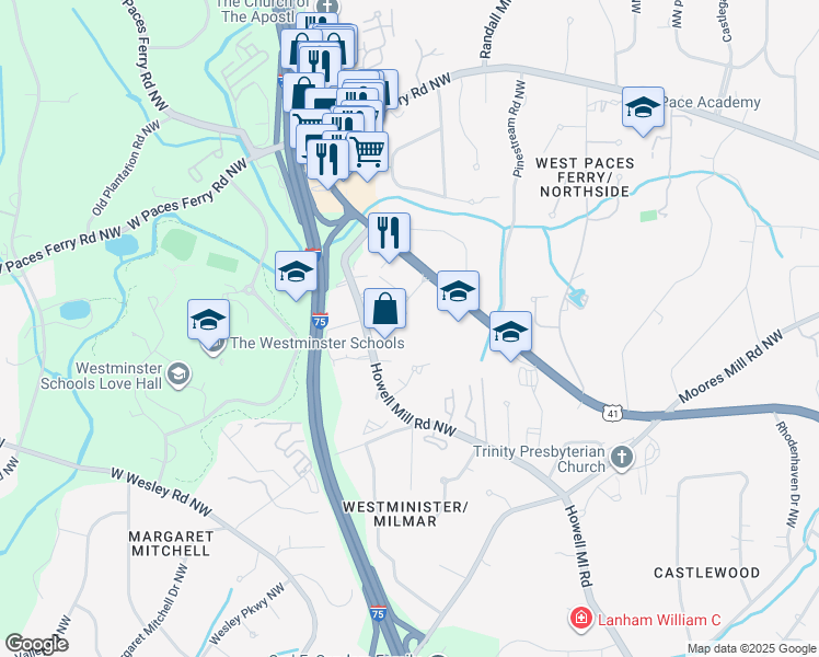 map of restaurants, bars, coffee shops, grocery stores, and more near 3280 Northside Parkway Northwest in Atlanta