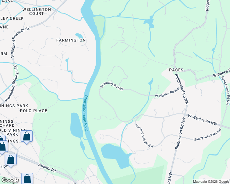 map of restaurants, bars, coffee shops, grocery stores, and more near 2425 West Wesley Road Northwest in Atlanta