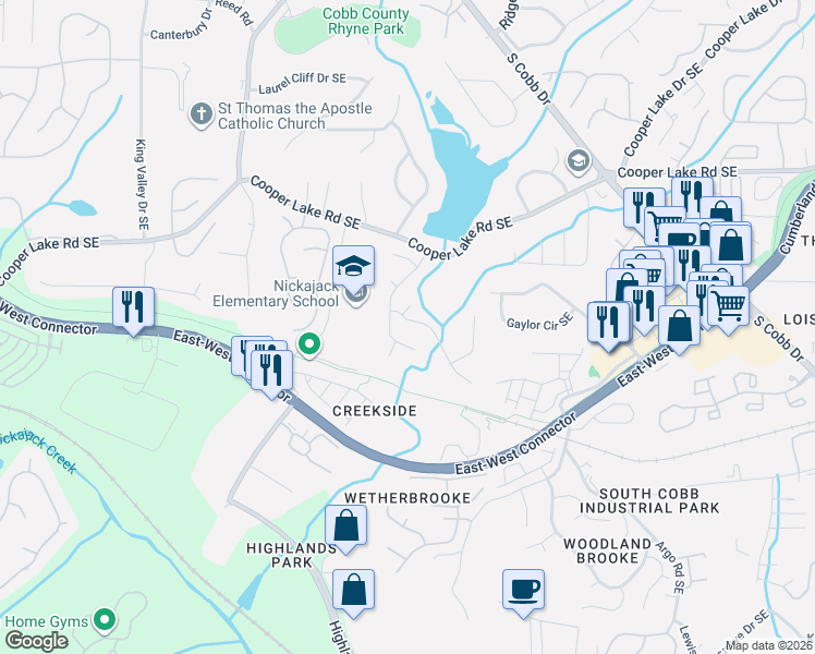 map of restaurants, bars, coffee shops, grocery stores, and more near 5202 Laurel Bridge Drive Southeast in Smyrna