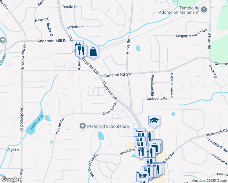 map of restaurants, bars, coffee shops, grocery stores, and more near Floydwood Road in Mableton
