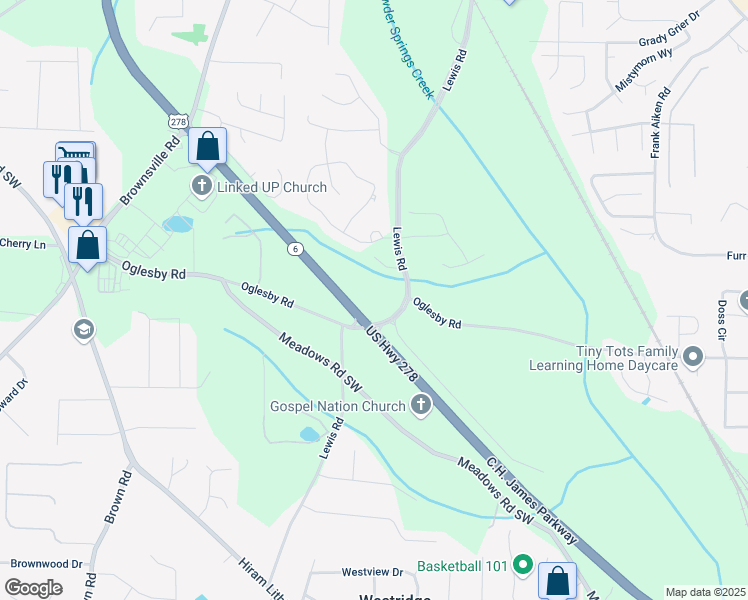 map of restaurants, bars, coffee shops, grocery stores, and more near in Powder Springs
