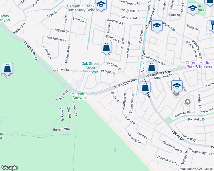 map of restaurants, bars, coffee shops, grocery stores, and more near 1184 Athlone Ln in Corona