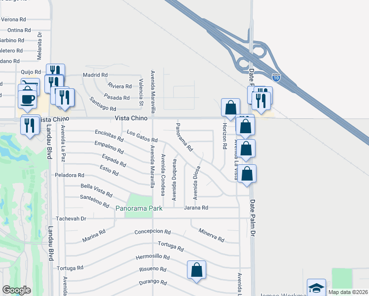 map of restaurants, bars, coffee shops, grocery stores, and more near 68615 Panorama Road in Cathedral City
