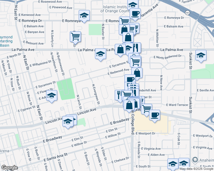 map of restaurants, bars, coffee shops, grocery stores, and more near 1807 East Cypress Street in Anaheim