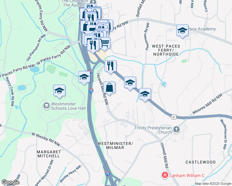 map of restaurants, bars, coffee shops, grocery stores, and more near 3280 Northside Parkway Northwest in Atlanta