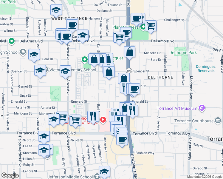 map of restaurants, bars, coffee shops, grocery stores, and more near 20610 Mansel Avenue in Torrance