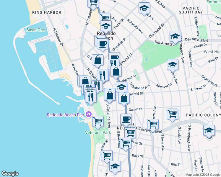 map of restaurants, bars, coffee shops, grocery stores, and more near in Redondo Beach