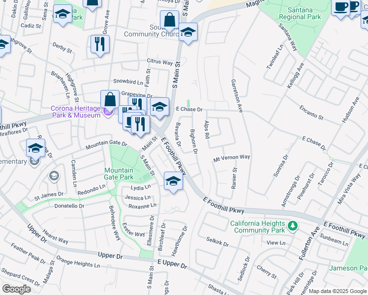 map of restaurants, bars, coffee shops, grocery stores, and more near 3065 Bavaria Drive in Corona