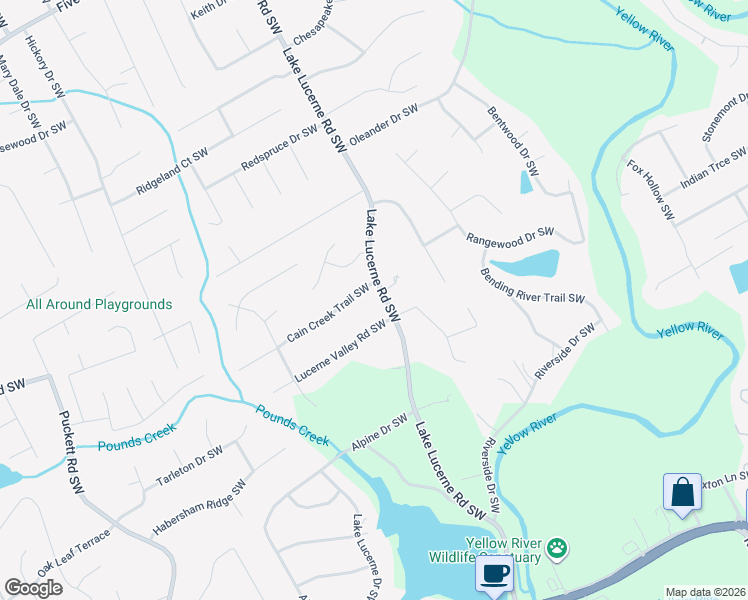 map of restaurants, bars, coffee shops, grocery stores, and more near 4063 Cain Creek Trail Southwest in Lilburn