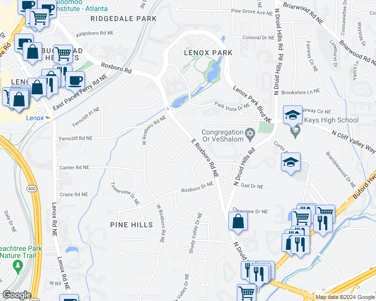 map of restaurants, bars, coffee shops, grocery stores, and more near 1265 Woods Circle Northeast in Atlanta