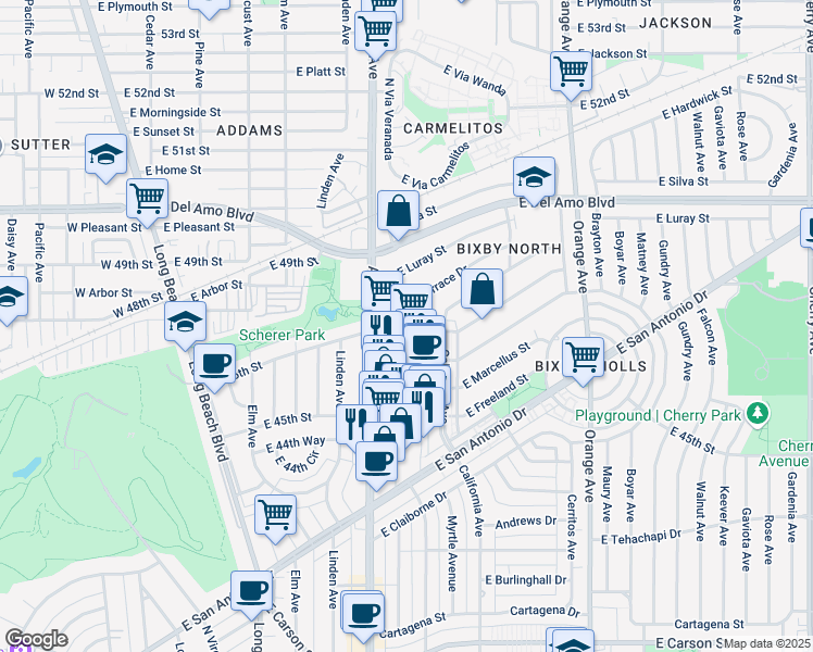 map of restaurants, bars, coffee shops, grocery stores, and more near 761 East 46th Street in Long Beach