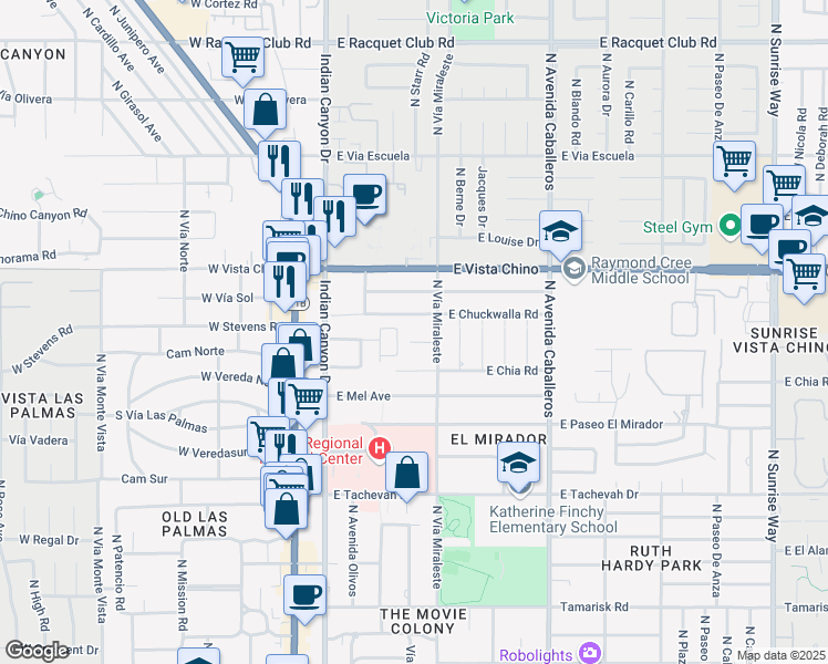 map of restaurants, bars, coffee shops, grocery stores, and more near East Miraleste Court in Palm Springs