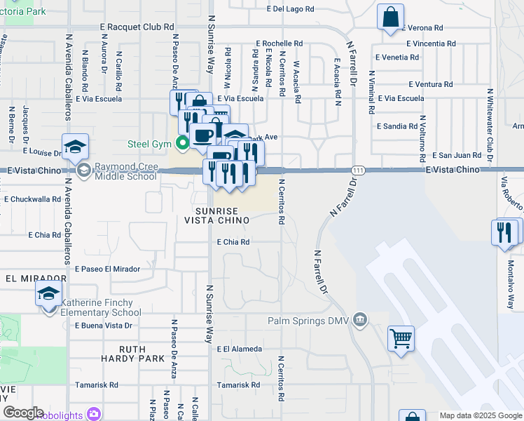 map of restaurants, bars, coffee shops, grocery stores, and more near 2006 East Sandalwood Drive in Palm Springs