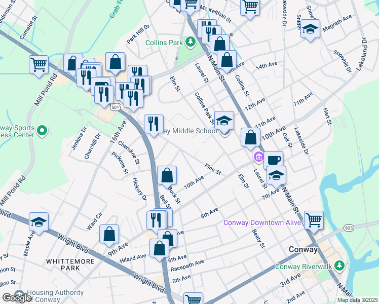 map of restaurants, bars, coffee shops, grocery stores, and more near 1020 Pine Street in Conway