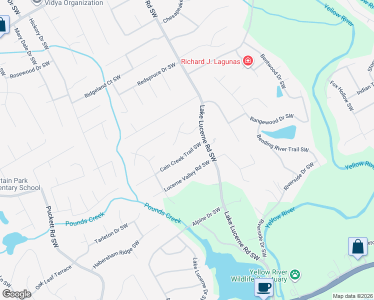 map of restaurants, bars, coffee shops, grocery stores, and more near 4591 Cain Creek Trail Southwest in Lilburn