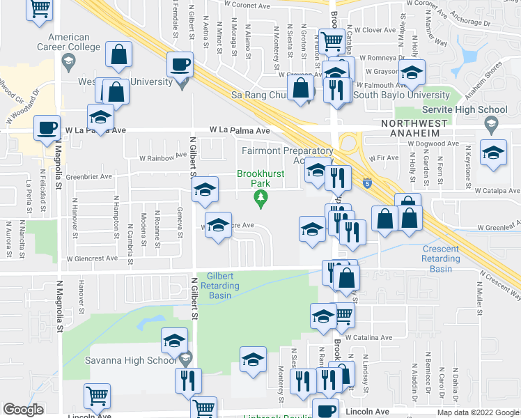 map of restaurants, bars, coffee shops, grocery stores, and more near 2271 Crescent Avenue in Anaheim