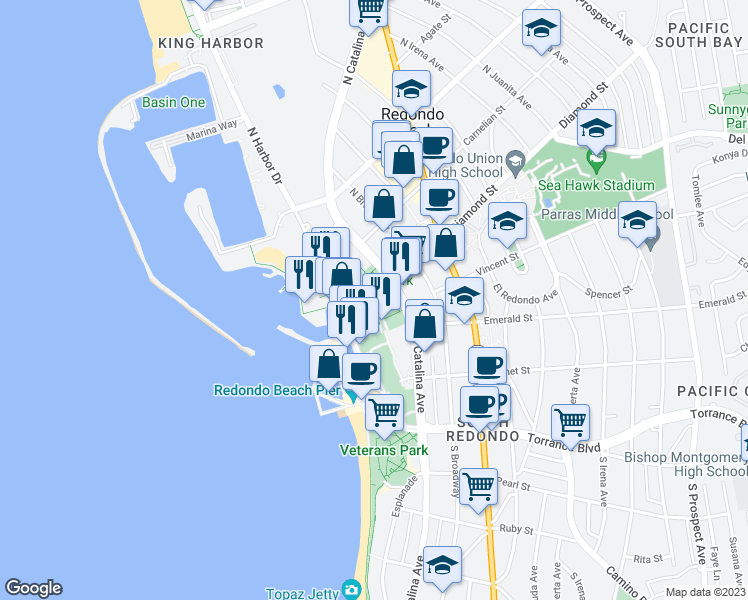map of restaurants, bars, coffee shops, grocery stores, and more near 250 The Village in Redondo Beach