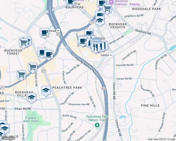 map of restaurants, bars, coffee shops, grocery stores, and more near 3275 Peachtree Drive Northeast in Atlanta