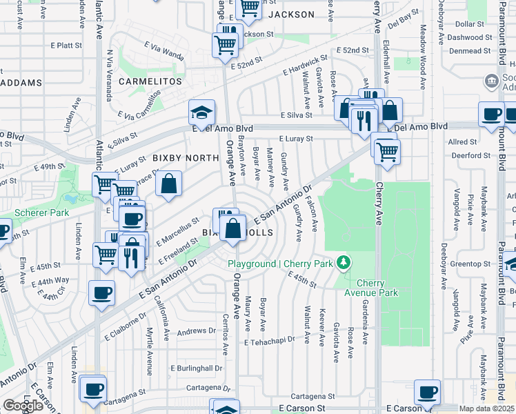 map of restaurants, bars, coffee shops, grocery stores, and more near 4622 North Banner Drive in Long Beach