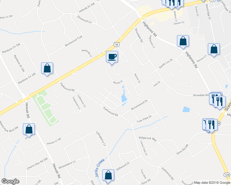 map of restaurants, bars, coffee shops, grocery stores, and more near 3431 Park Glenn Lane in Snellville