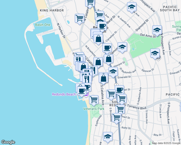 map of restaurants, bars, coffee shops, grocery stores, and more near 250 The Village in Redondo Beach