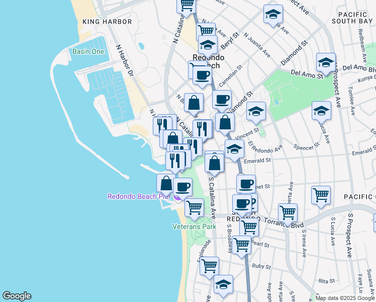 map of restaurants, bars, coffee shops, grocery stores, and more near 250 The Village in Redondo Beach
