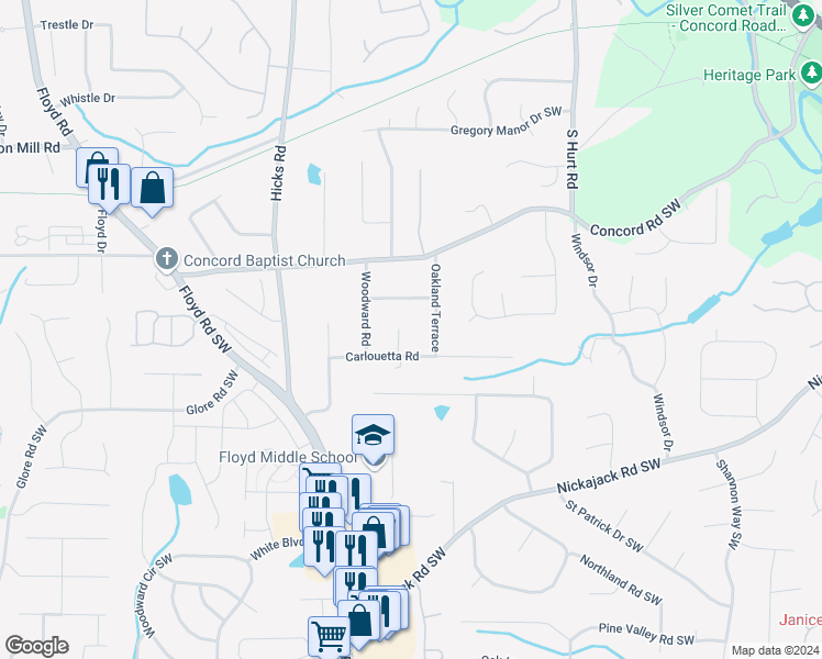 map of restaurants, bars, coffee shops, grocery stores, and more near 4591 Shamrock Place Southeast in Mableton