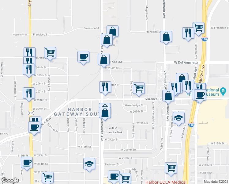 map of restaurants, bars, coffee shops, grocery stores, and more near 20703 Kenwood Avenue in Torrance