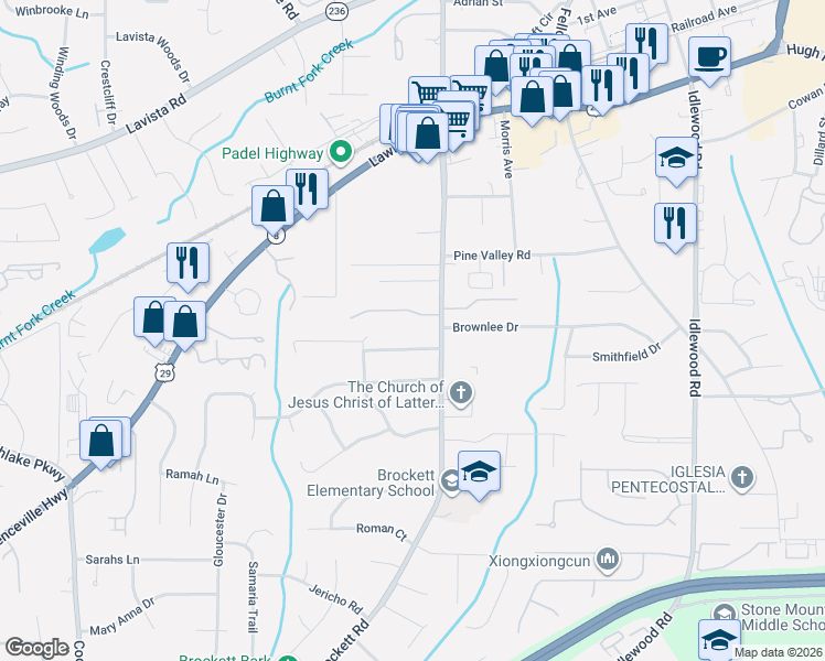map of restaurants, bars, coffee shops, grocery stores, and more near 3995 Arborwood Lane in Tucker