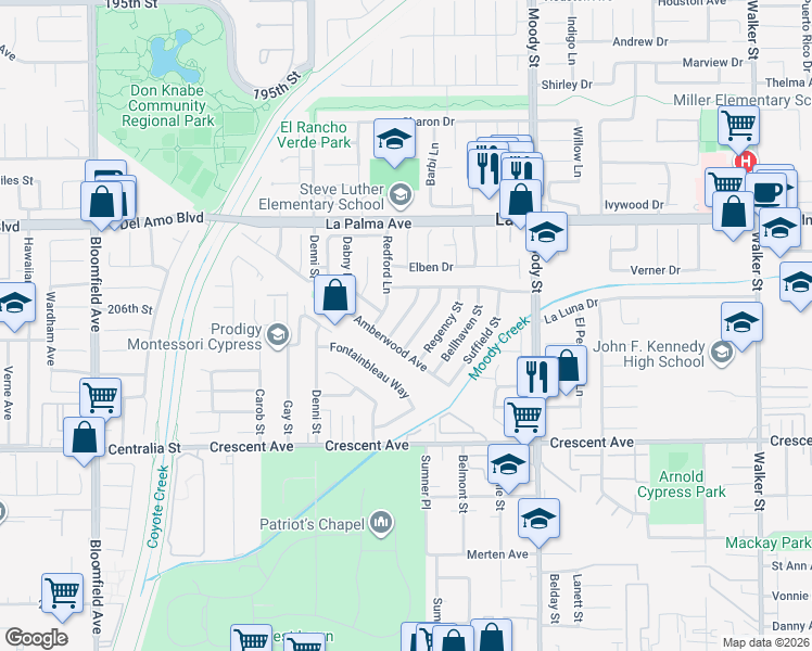 map of restaurants, bars, coffee shops, grocery stores, and more near 8232 Wickham Lane in La Palma
