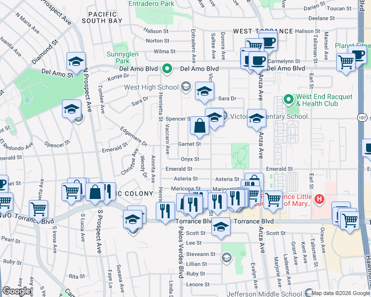 map of restaurants, bars, coffee shops, grocery stores, and more near 20607 Wood Avenue in Torrance