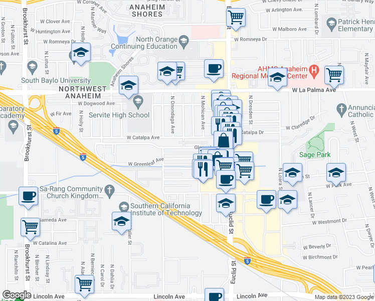 map of restaurants, bars, coffee shops, grocery stores, and more near 1784 Glenoaks Avenue in Anaheim