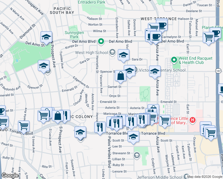 map of restaurants, bars, coffee shops, grocery stores, and more near 20607 Wood Avenue in Torrance