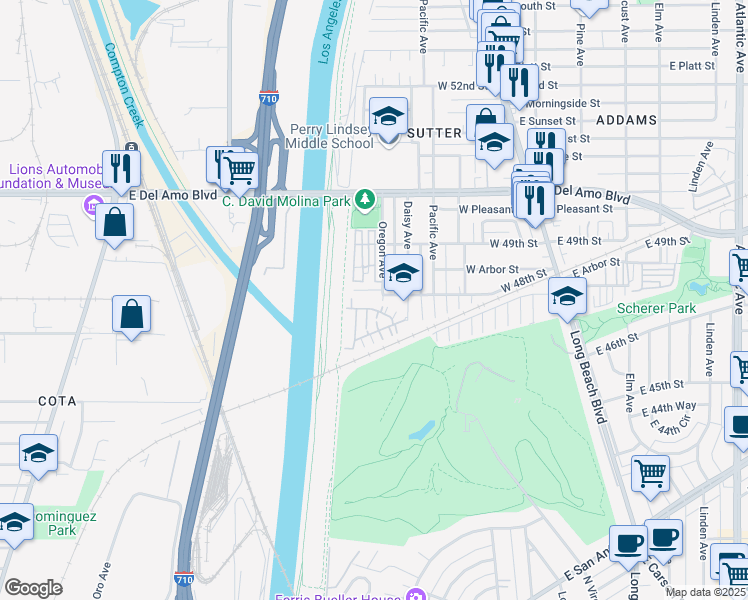 map of restaurants, bars, coffee shops, grocery stores, and more near 205 West 47th Street in Long Beach
