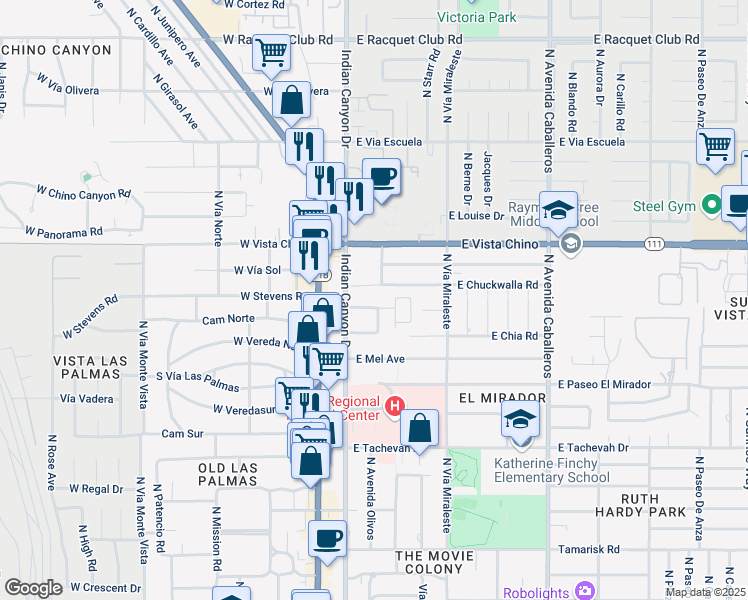 map of restaurants, bars, coffee shops, grocery stores, and more near 314 East Stevens Road in Palm Springs